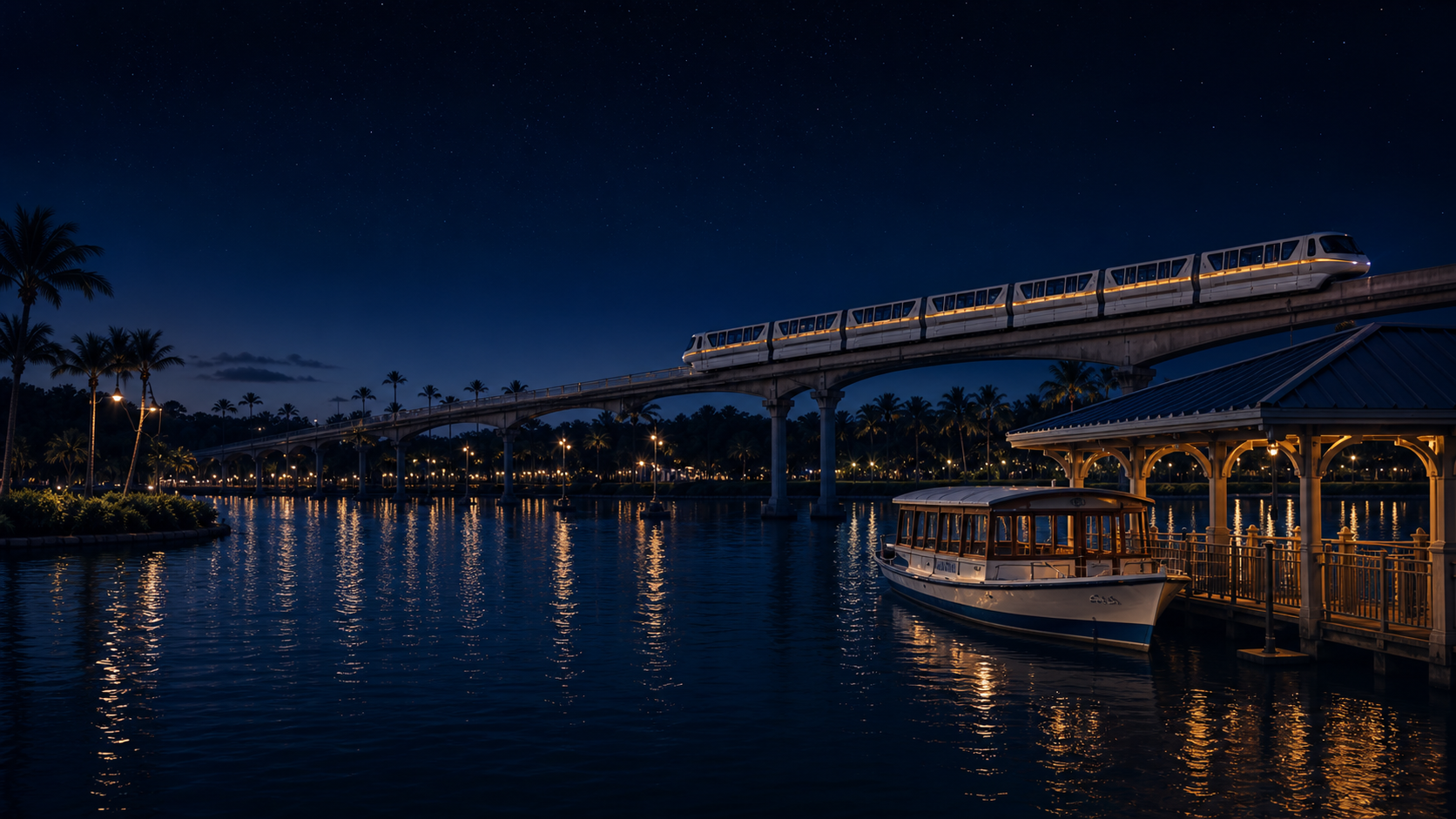 Monorail crossing the resort waterfront at night