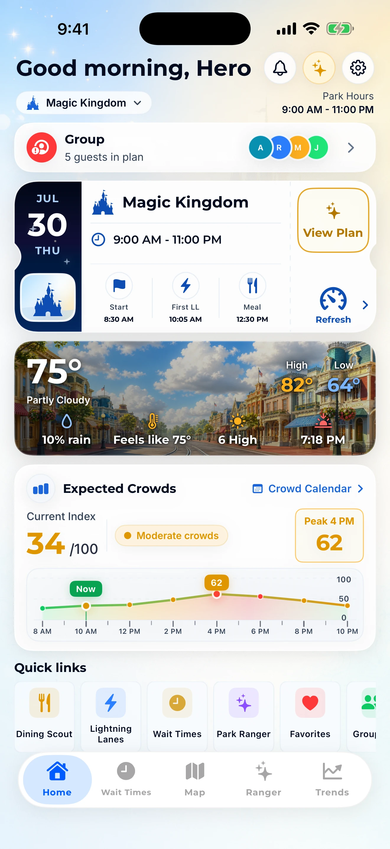 Base Camp showing a Magic Kingdom trip, weather, crowds, and quick links.