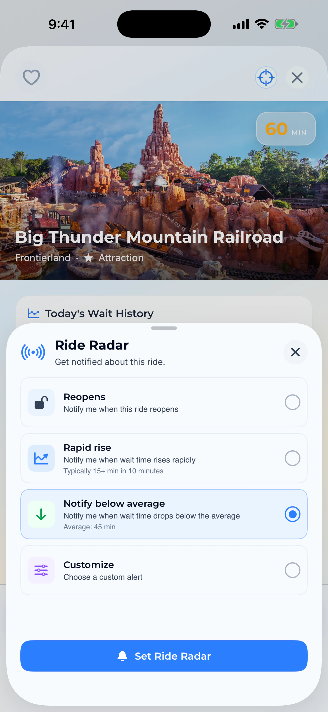 Big Thunder Mountain Railroad with Ride Radar options for reopening, rapid rises, and below-average waits.