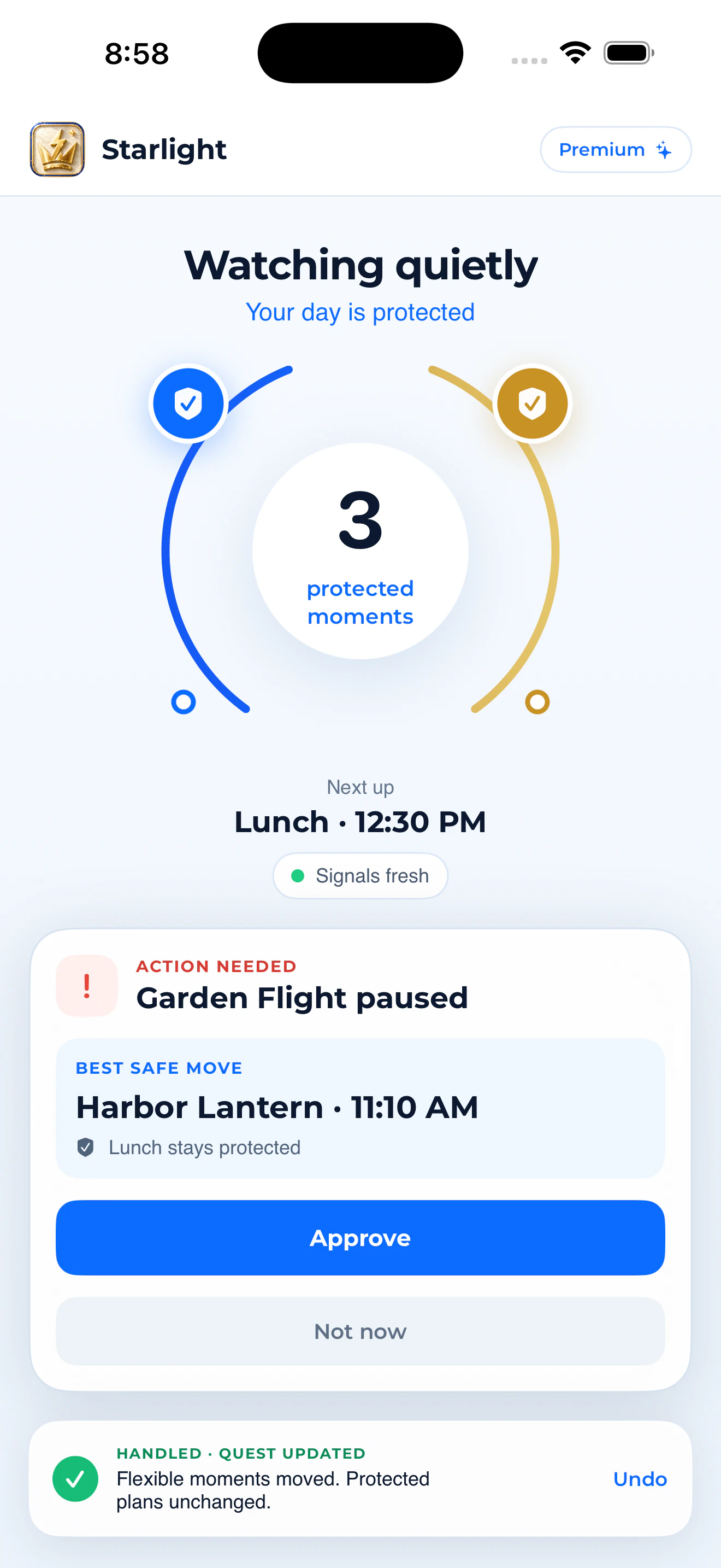Starlight protecting three moments and recommending Harbor Lantern after Garden Flight pauses.